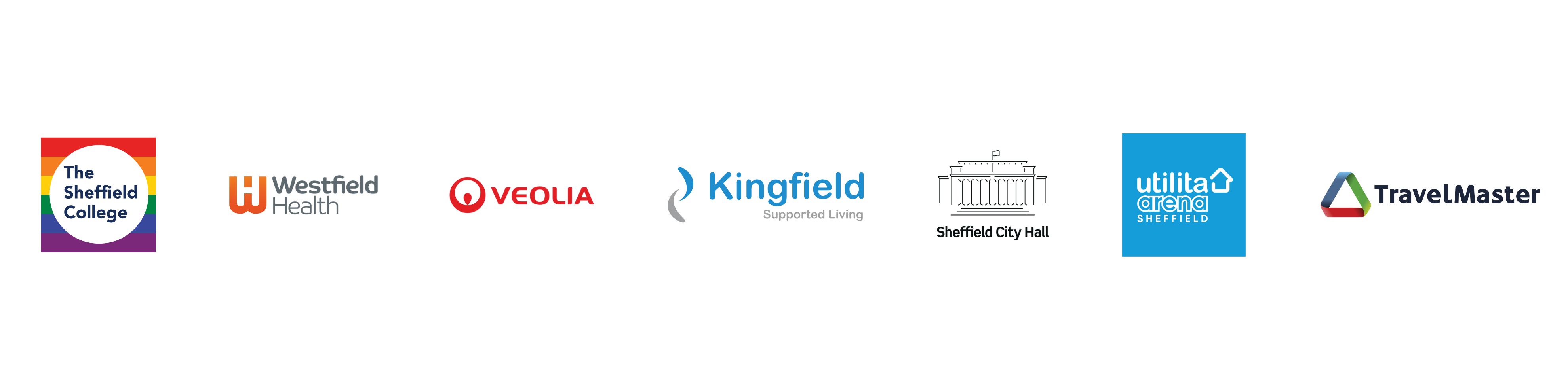 Logos for The Sheffield College, Westfield Health, Veolia, Kingfield Supported Living, Sheffield City Hall, Utilia Sheffield Arena and TravelMaster