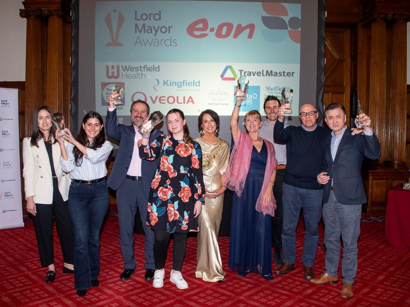 The winners of the Lord Mayor Awards 2025 with Jayne Dunn Lord Mayor of Sheffield with representatives from E.ON Blackburn Meadows